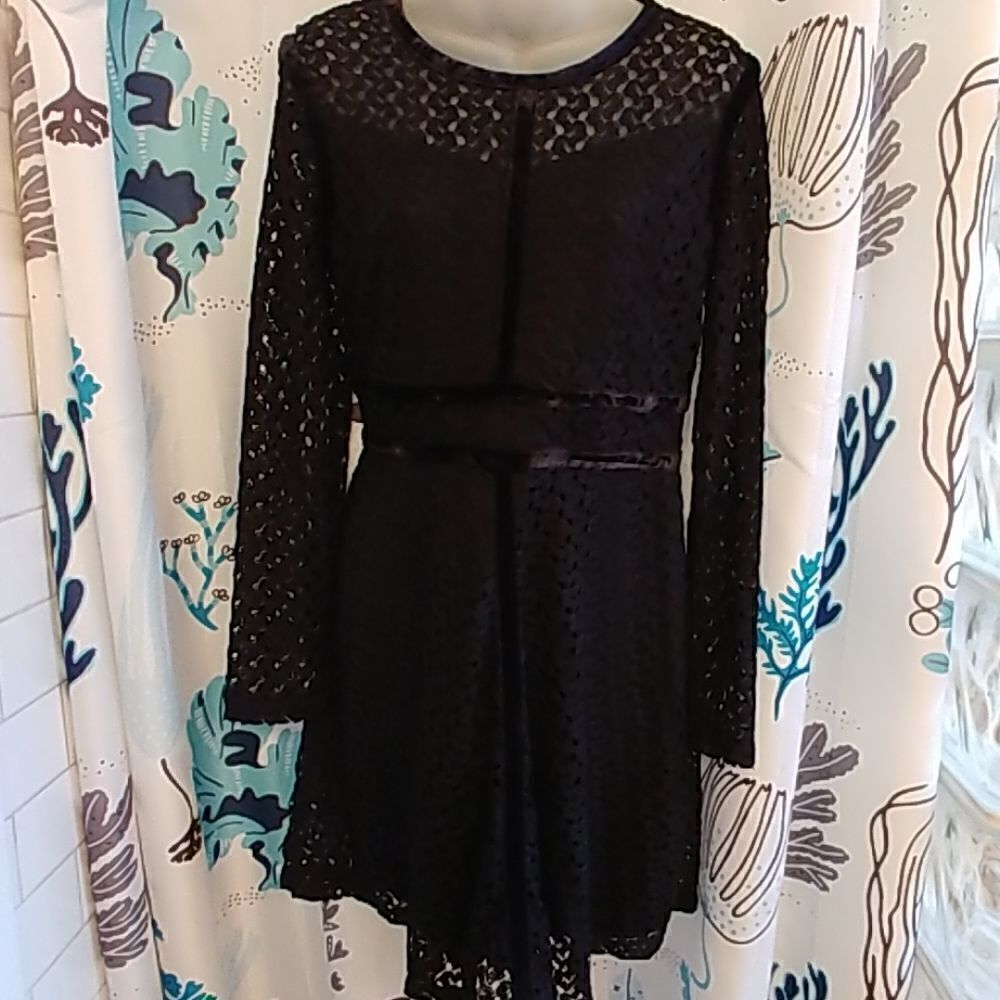 EUC Black Lace Velvet Long Sleeved Skater Dress
